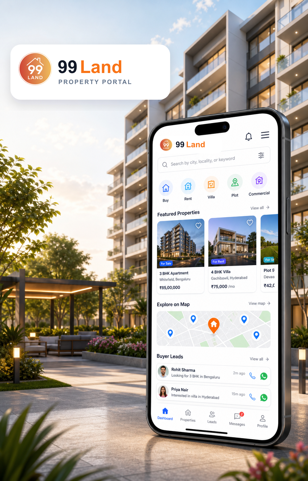 99Land app banner showing buyer leads, agent dashboard, agency follow-up, chat, call, and WhatsApp property tools